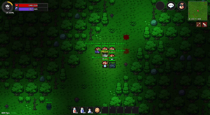 A player surrounded by Mushroom Spiders and a Wolf in the forest