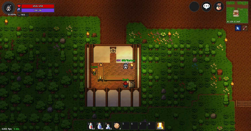 A wooden house in the forest with NPCs and players